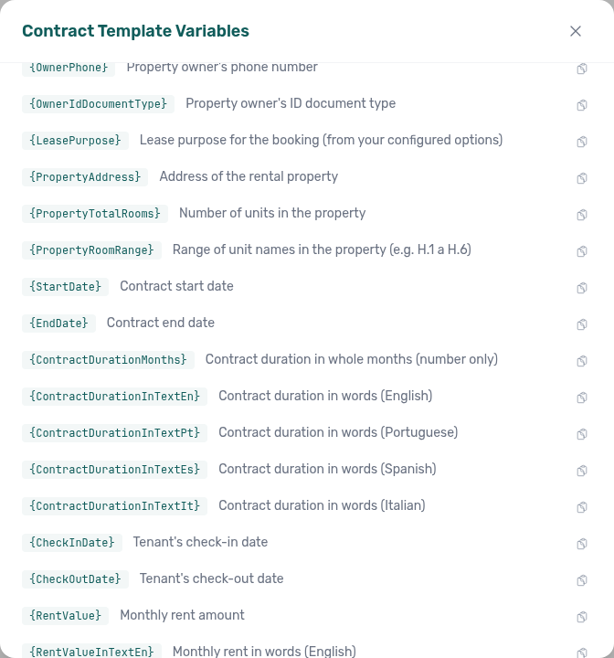 Contract Template Variables modal — contract duration tokens for months number and language-suffixed words