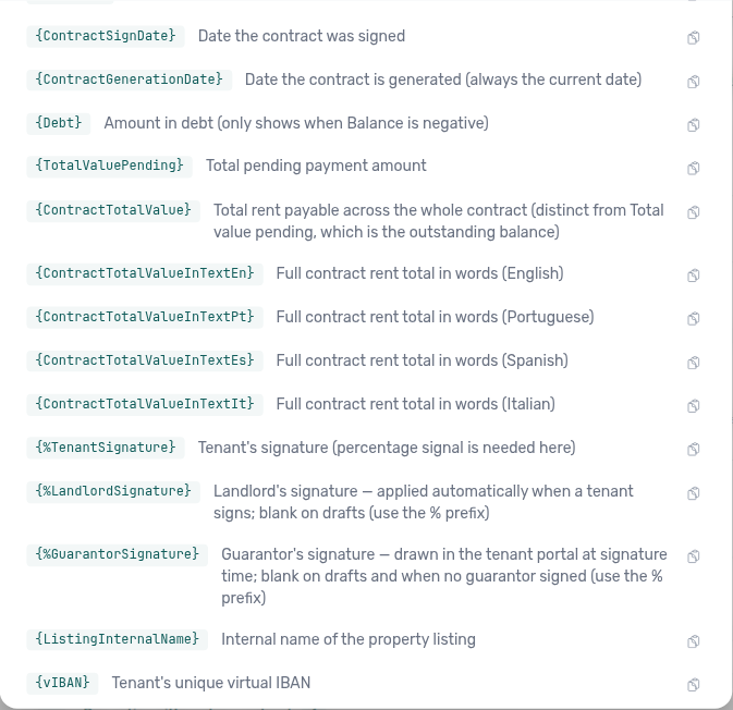 Contract Template Variables modal — ContractSignDate and ContractGenerationDate listed together