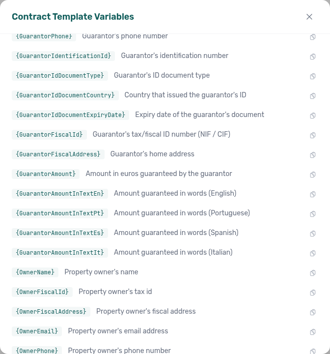 Contract Template Variables modal — guarantor tokens including GuarantorAmount and GuarantorAmountInTextEn|Pt|Es|It