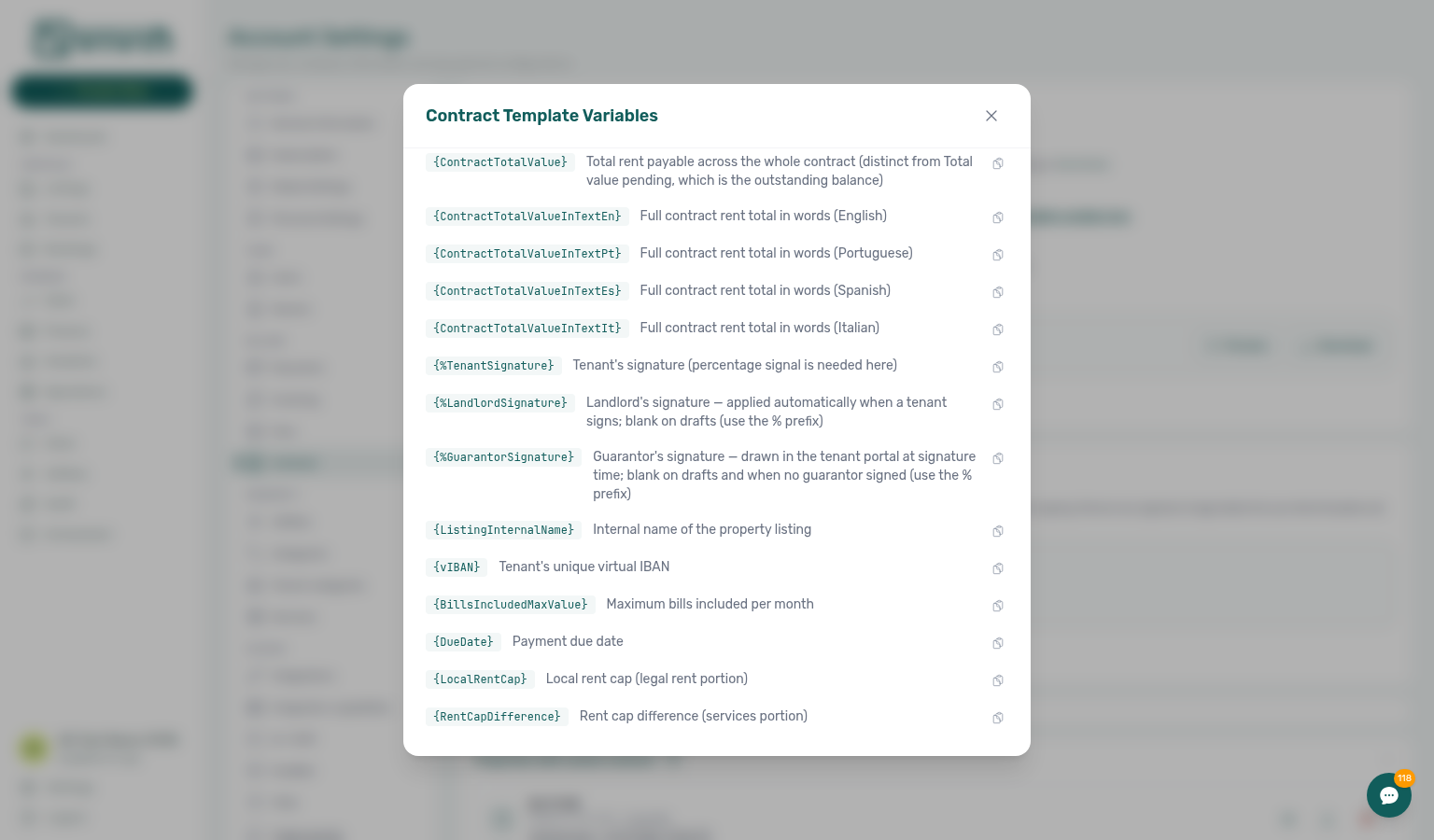 Contract Template Variables modal — GuarantorSignature token listed with tenant and landlord signature tokens