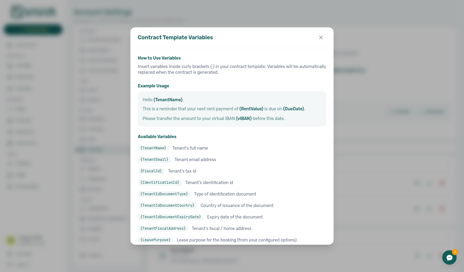 Contract variables modal — full token list from the Contract settings tab