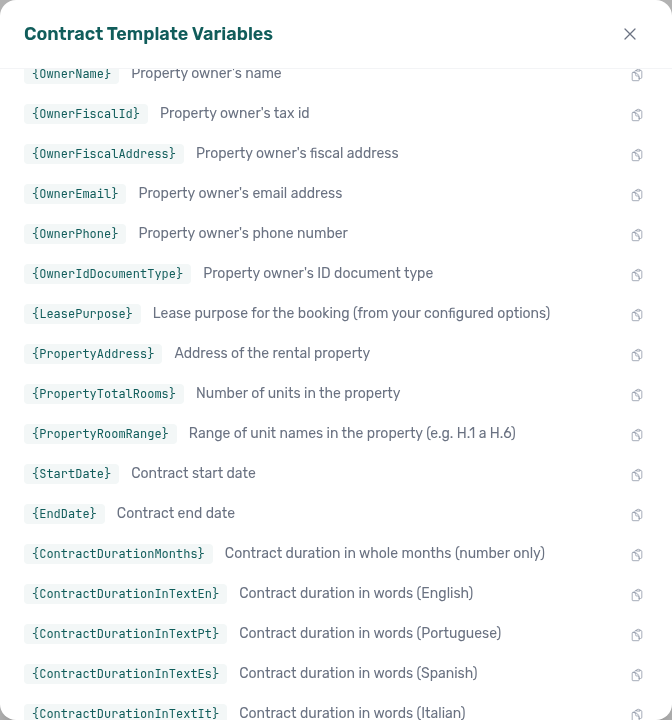 Contract Template Variables modal — property rooms tokens PropertyTotalRooms and PropertyRoomRange
