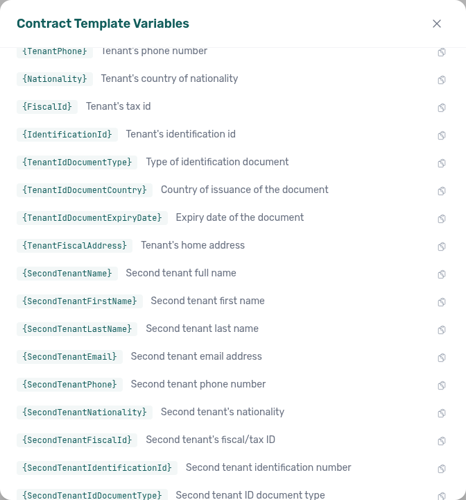 Contract Template Variables modal — second tenant tokens for co-occupant identity