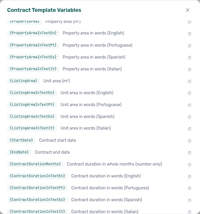 Contract Template Variables modal — PropertyArea and ListingArea figure and language-suffixed word tokens