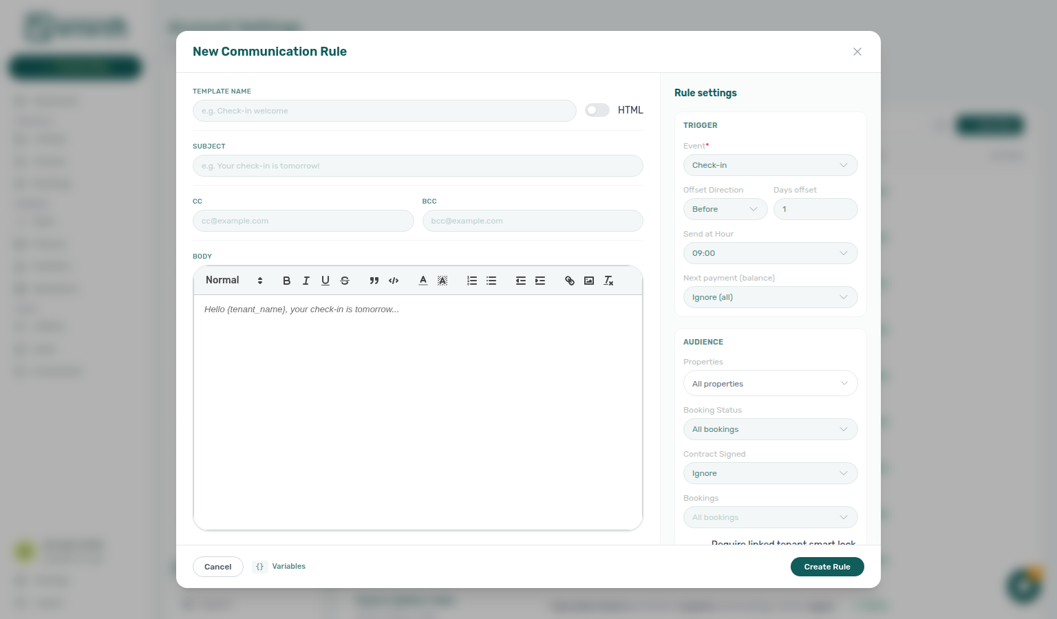 Account Settings — Communication Rule drawer Audience section with Booking tags multi-select (tags defined under Categories → Bookings)
