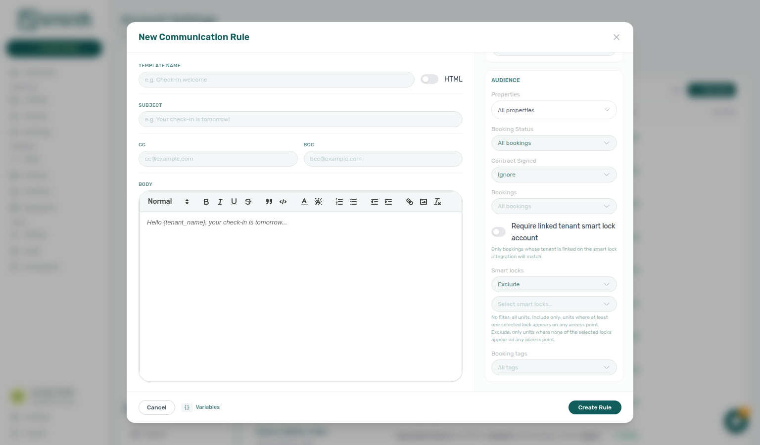 Account Settings — Communication Rule drawer Booking tags filter set to Exclude with a selected tag chip