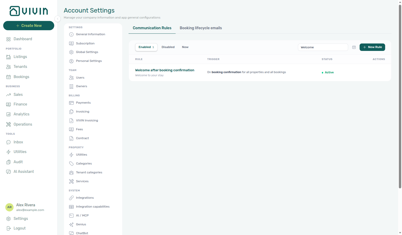 Account Settings — Communication Rules search narrowed to one Welcome rule before Edit