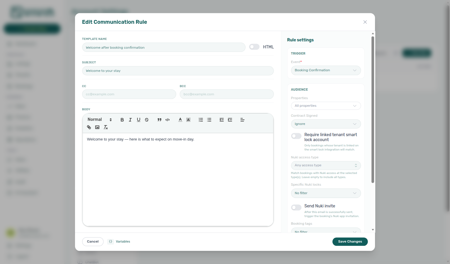 Account Settings — Edit Communication Rule drawer after the full rule loads