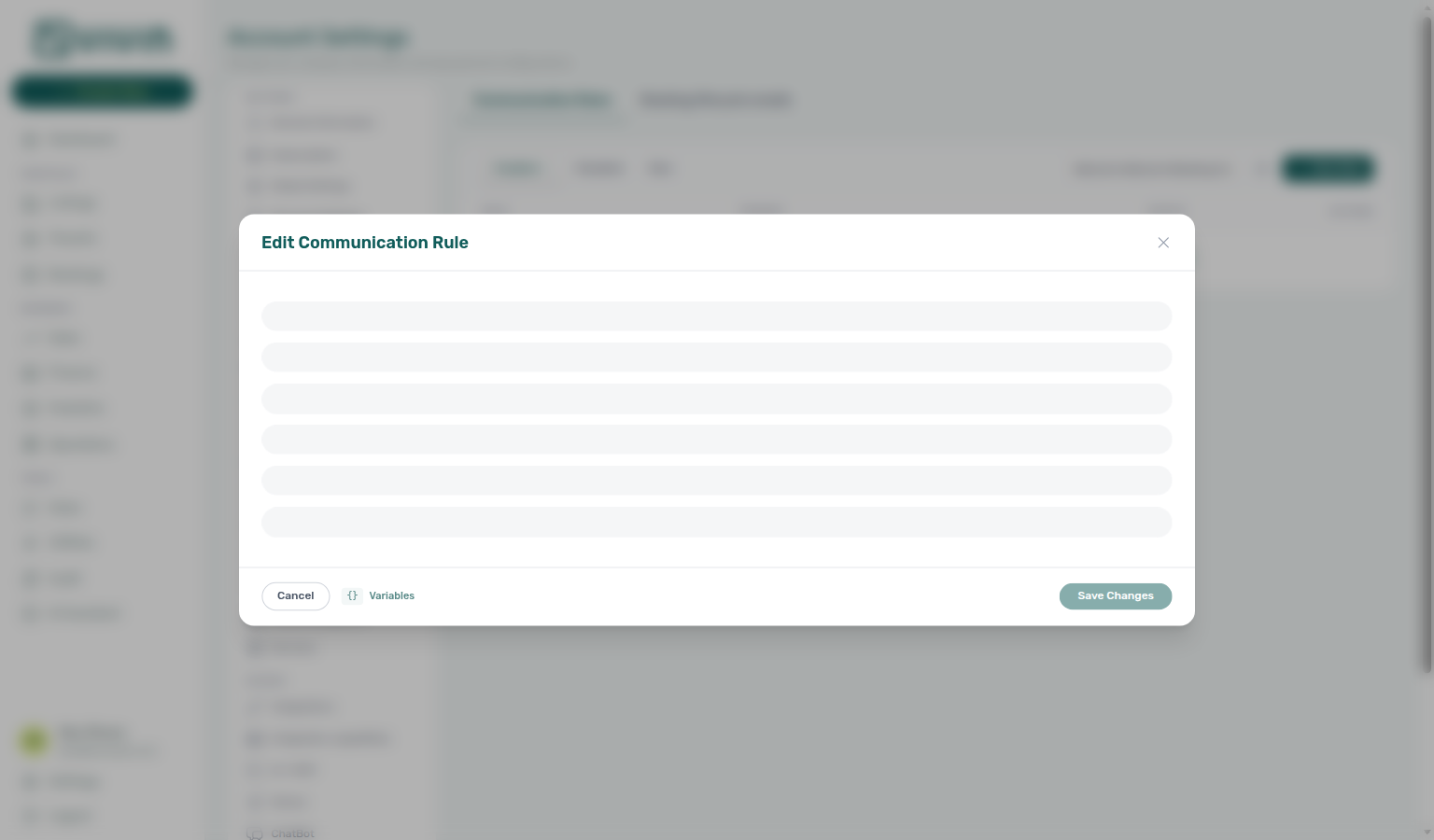 Account Settings — Edit Communication Rule drawer with loading placeholders