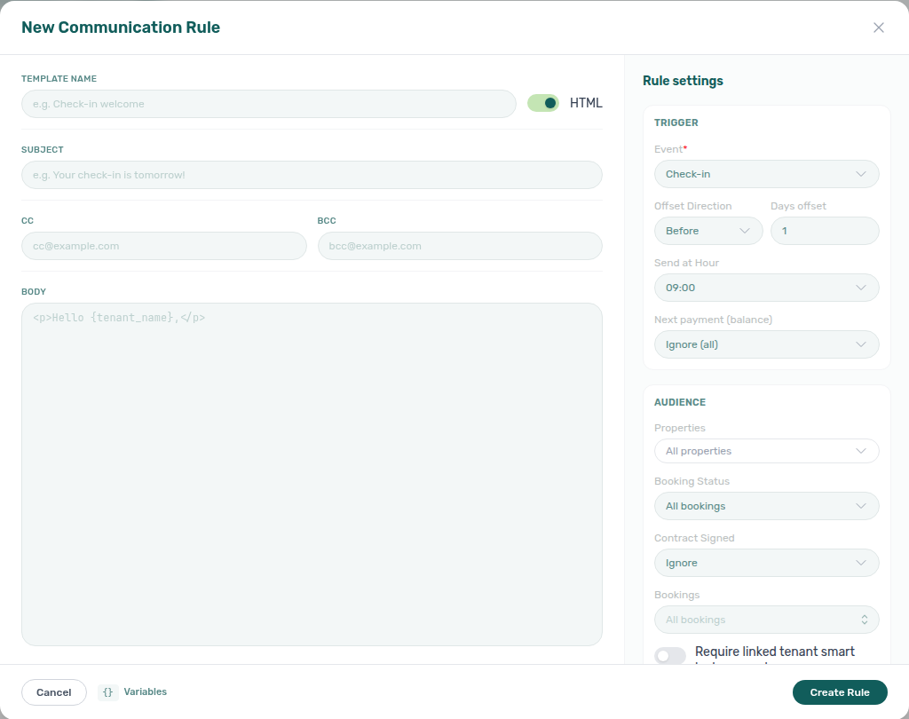 Account Settings — Communication Rule drawer with HTML On; Hide contact info is hidden
