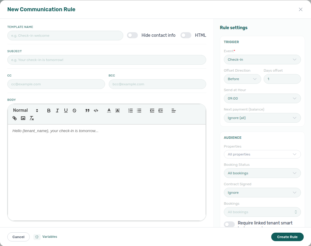 Account Settings — Communication Rule drawer with Hide contact info Off (default) beside HTML