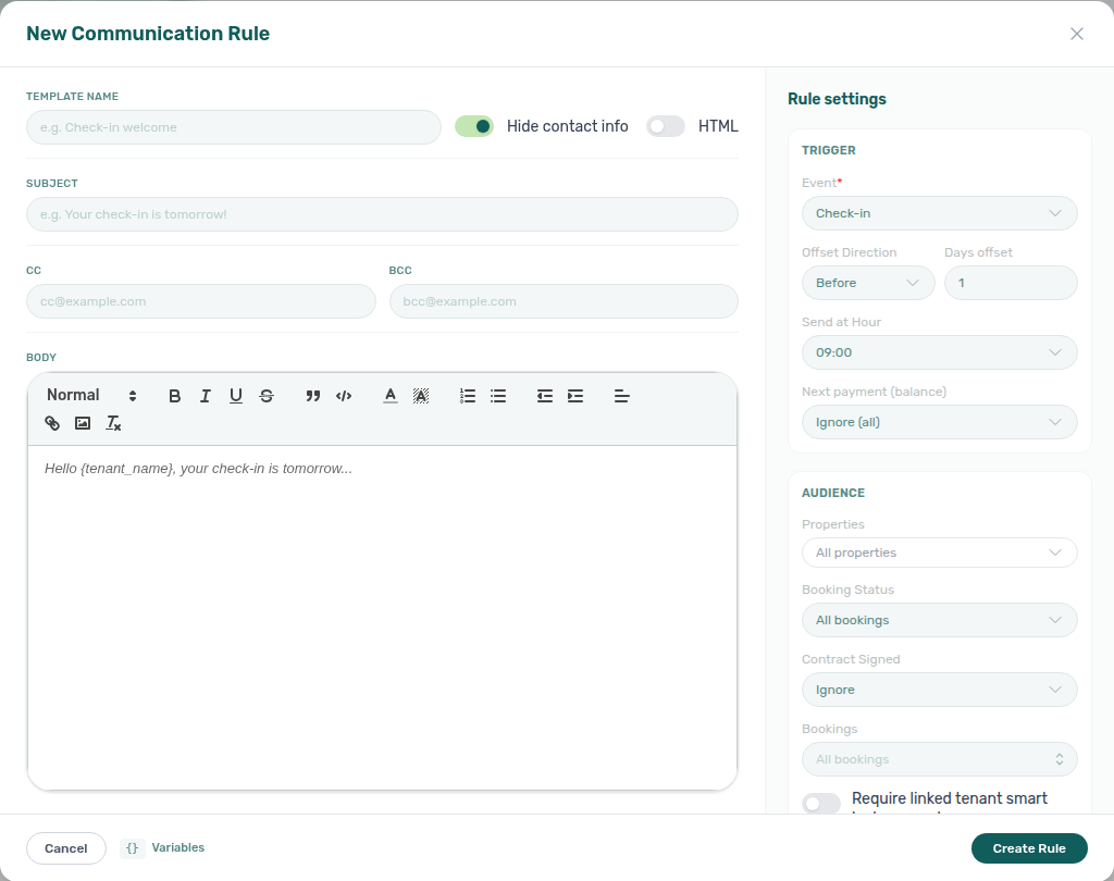 Account Settings — Communication Rule drawer with Hide contact info On