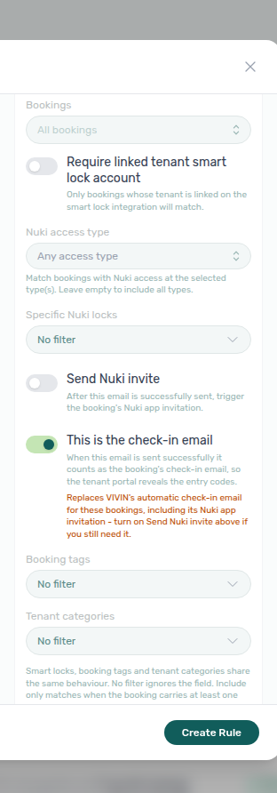Account Settings — Communication Rule with This is the check-in email On and amber replacement warning