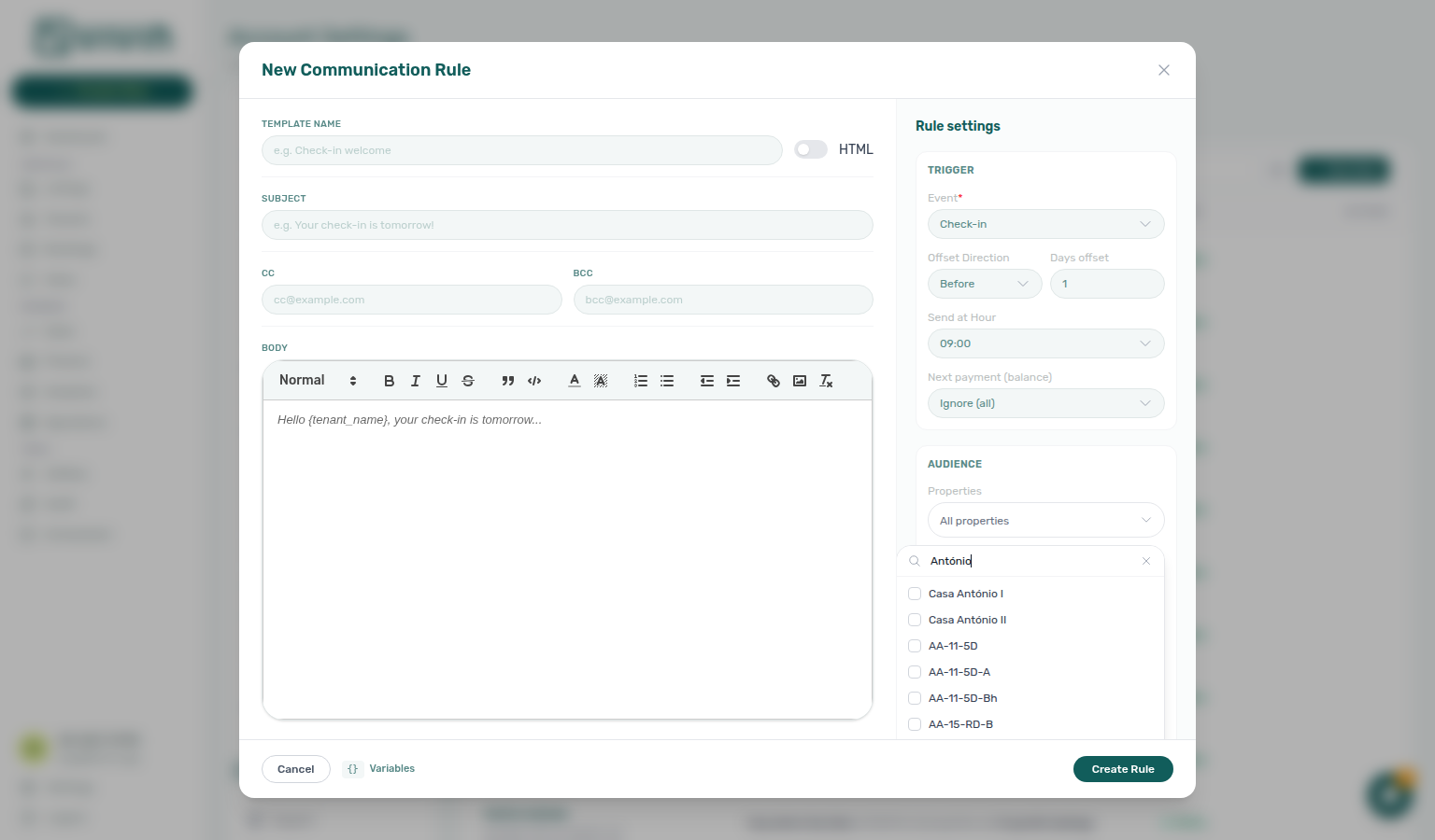 Account Settings — Communication Rule drawer Properties picker after server search (internalName matches ranked above address-only hits, example António)