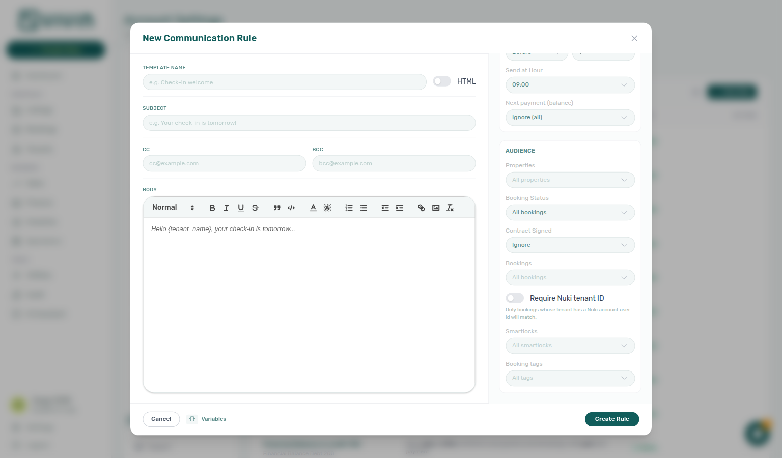Account Settings — Communication Rule drawer Audience section with Require Nuki tenant ID and Smartlocks multi-select