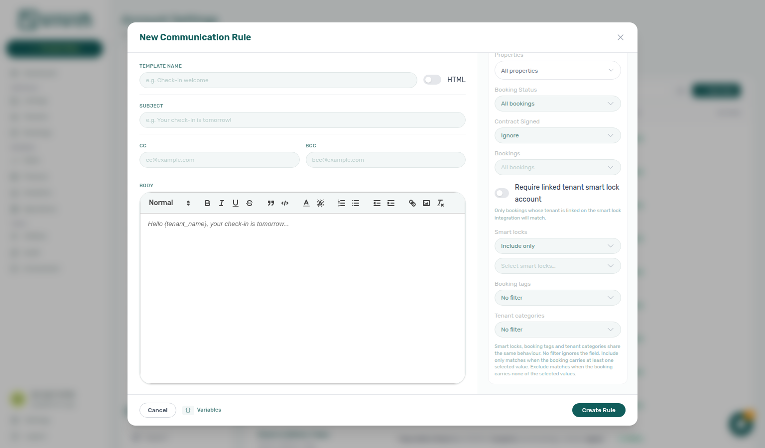 Account Settings — Communication Rule drawer Tenant categories filter set to Include only with a selected segment chip