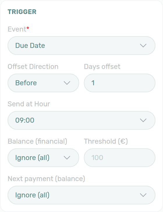 Account Settings — Communication Rule drawer Trigger card with Due Date event, offset, Send at Hour, and balance filters