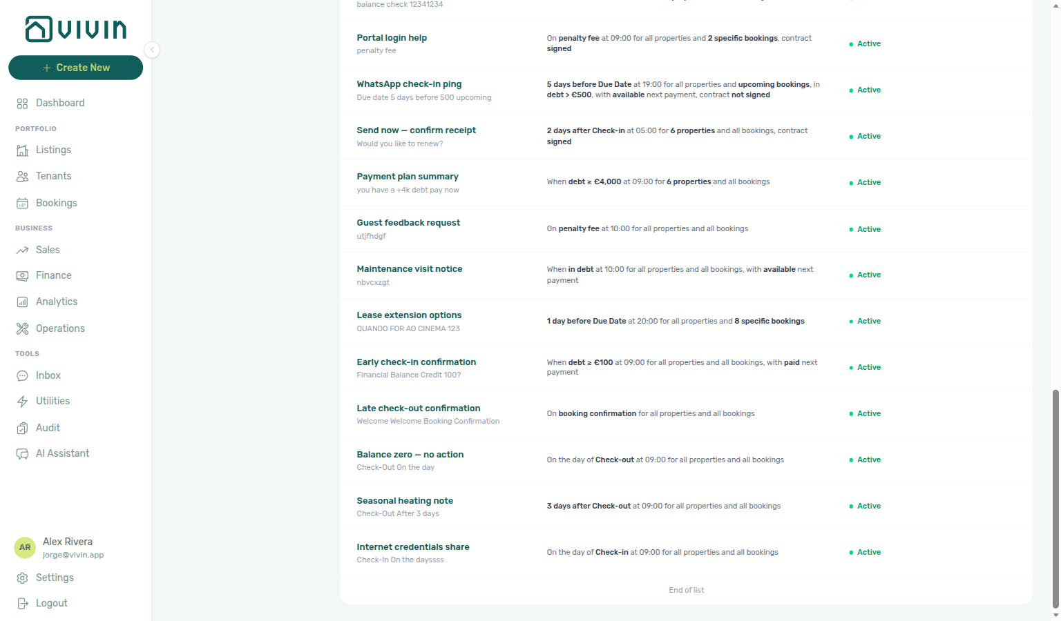 Account Settings — Communication Rules Enabled list scrolled to End of list