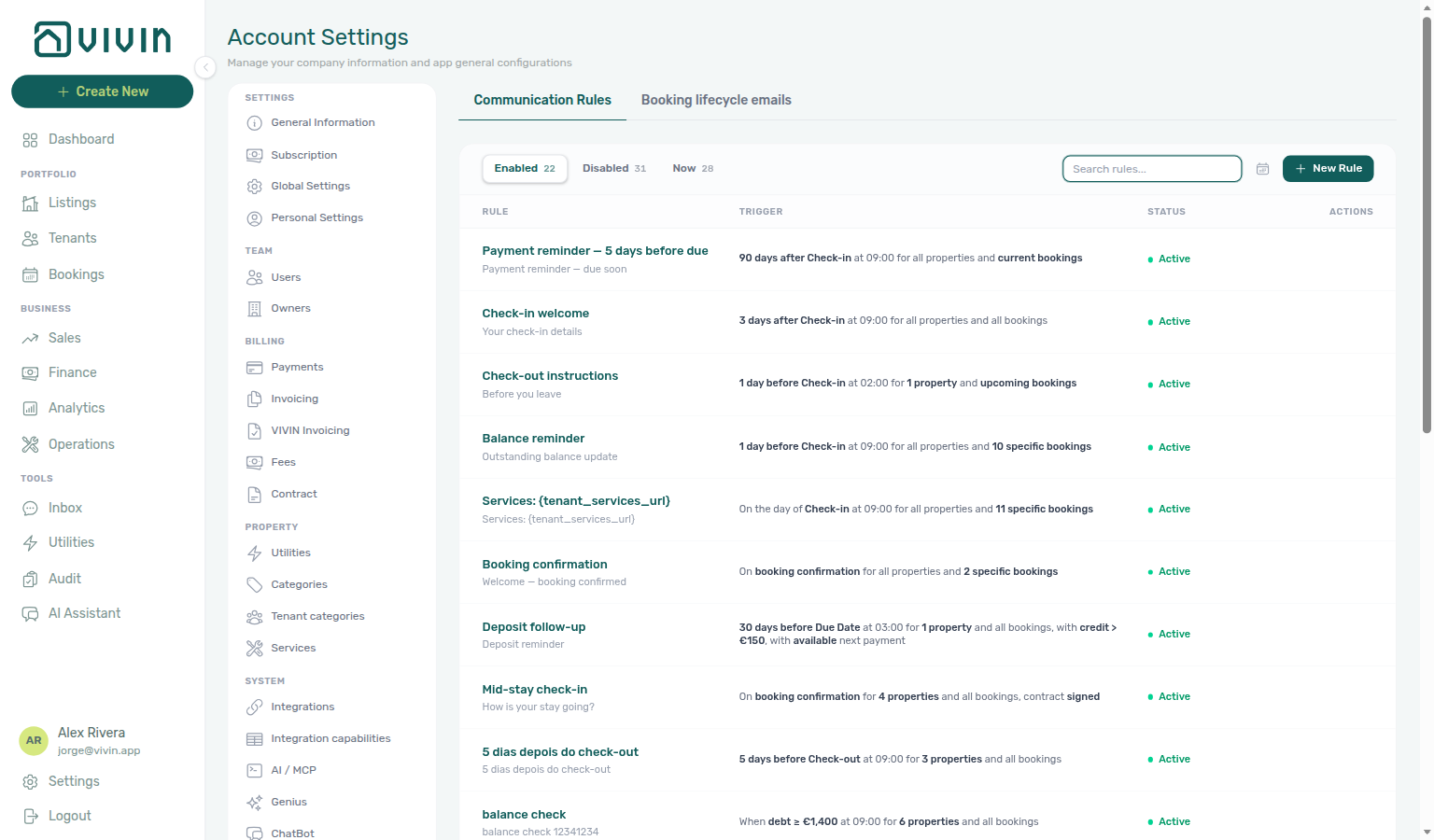 Account Settings — Emails: Communication Rules sub-tab with Enabled / Disabled / Now filters, Search rules, rule list, and New Rule