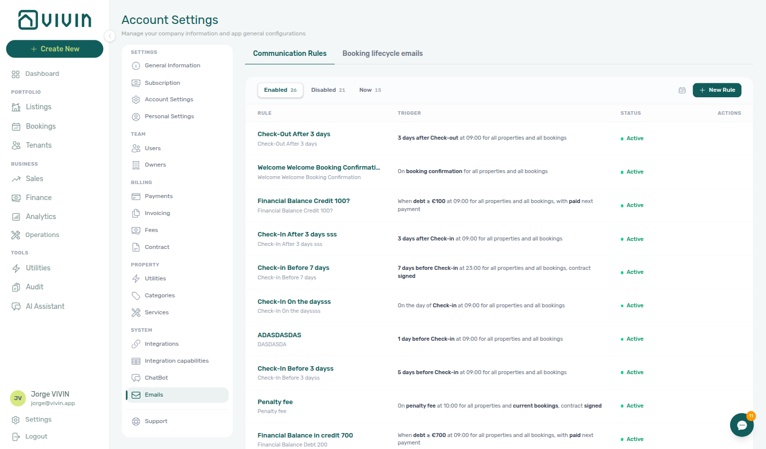Account Settings — Communication Rules with Now filter showing immediate-send rules