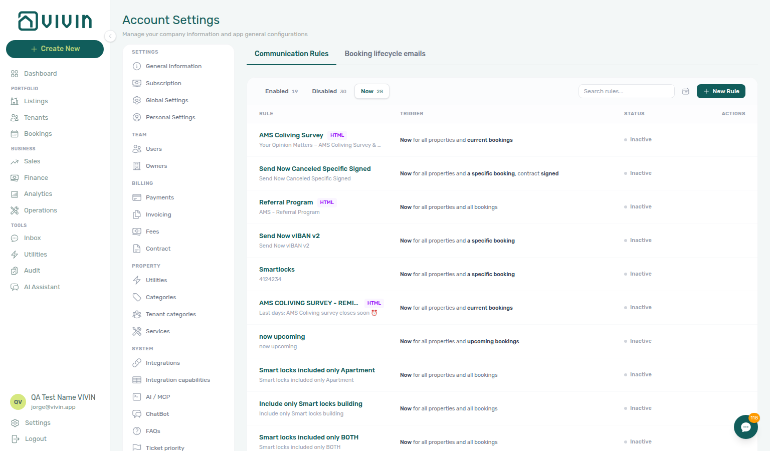 Account Settings — Communication Rules with Now filter showing immediate-send rules