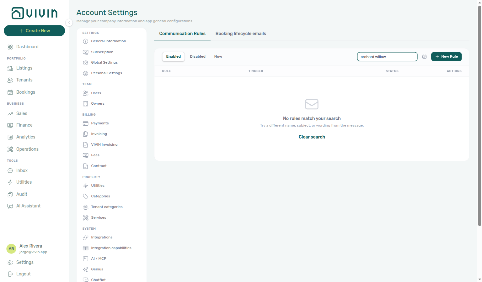 Account Settings — Communication Rules empty search with Clear search