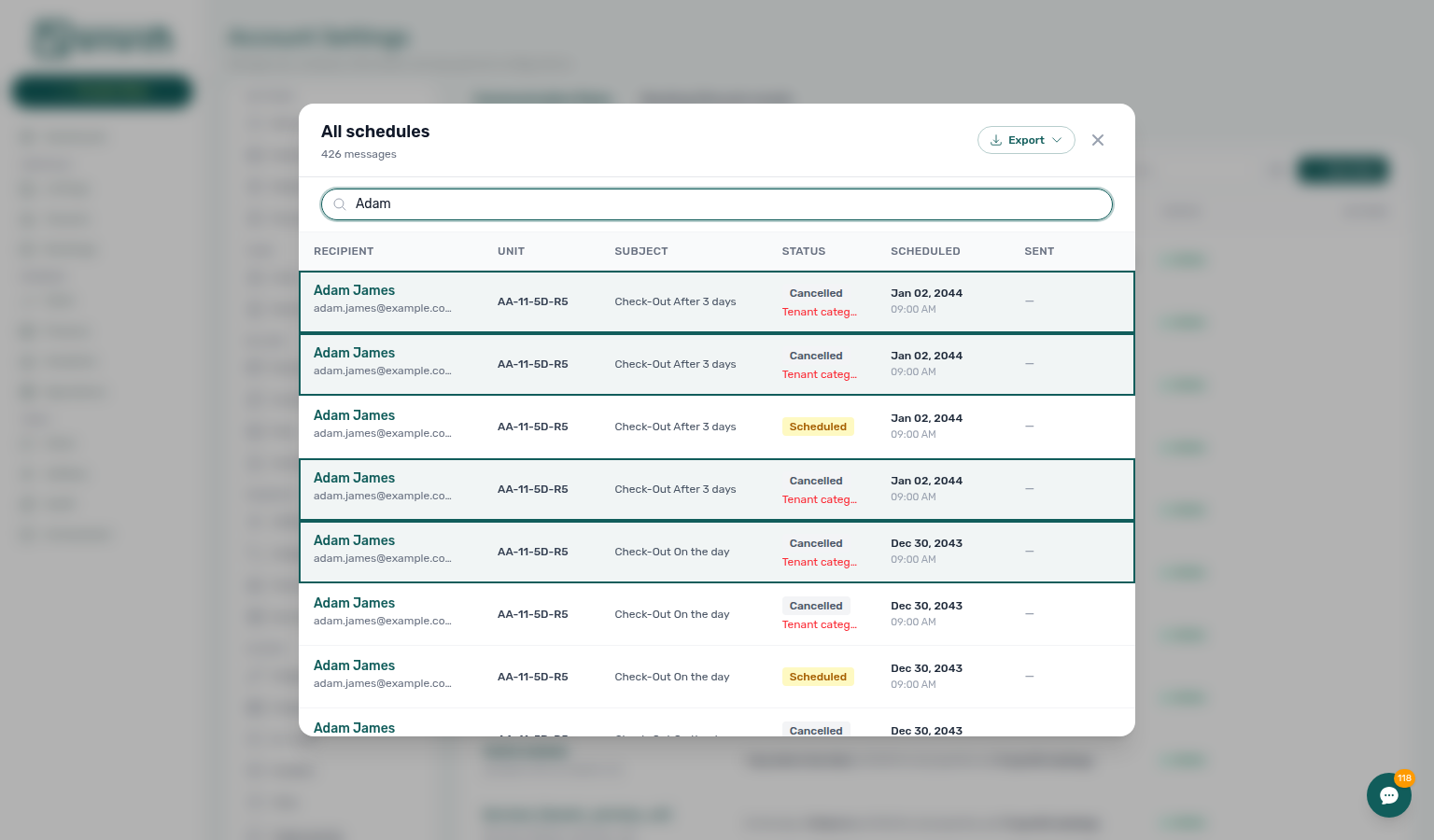 Account Settings — Communication schedule Cancelled rows with Tenant categor… reason