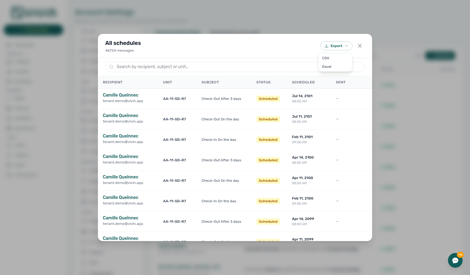 Account Settings — Communication schedule Export menu (CSV / Excel); download includes Booking ID as the first column