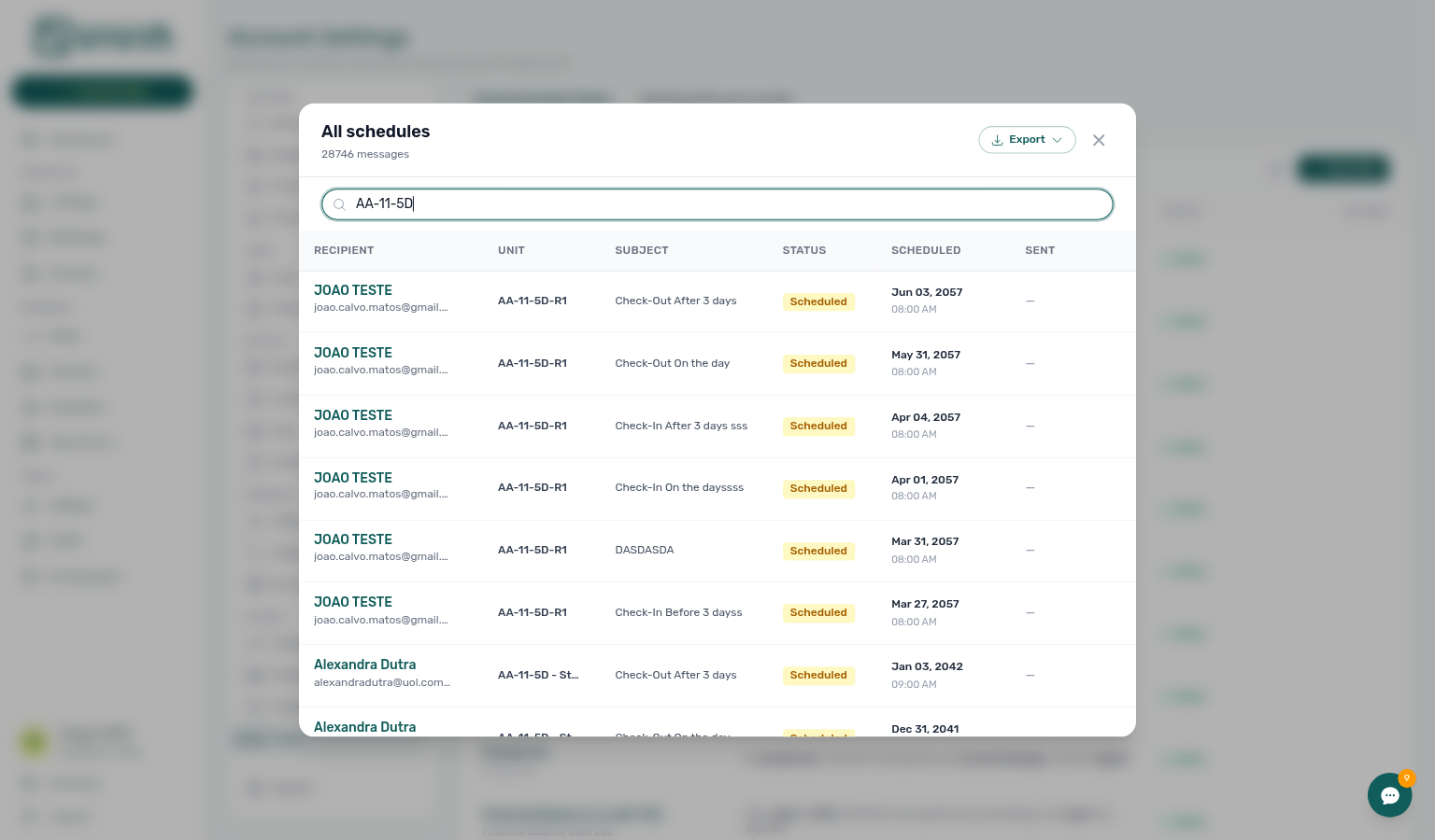 Account Settings — Communication schedule modal with search, status chips, and message list