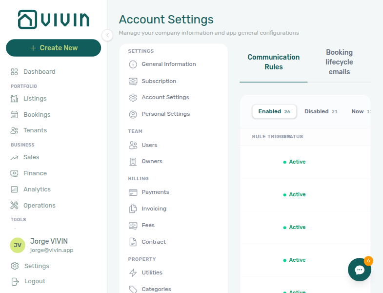 Account Settings — Emails: Booking lifecycle emails sub-tab with onboarding, check-in, and check-out triggers and body text