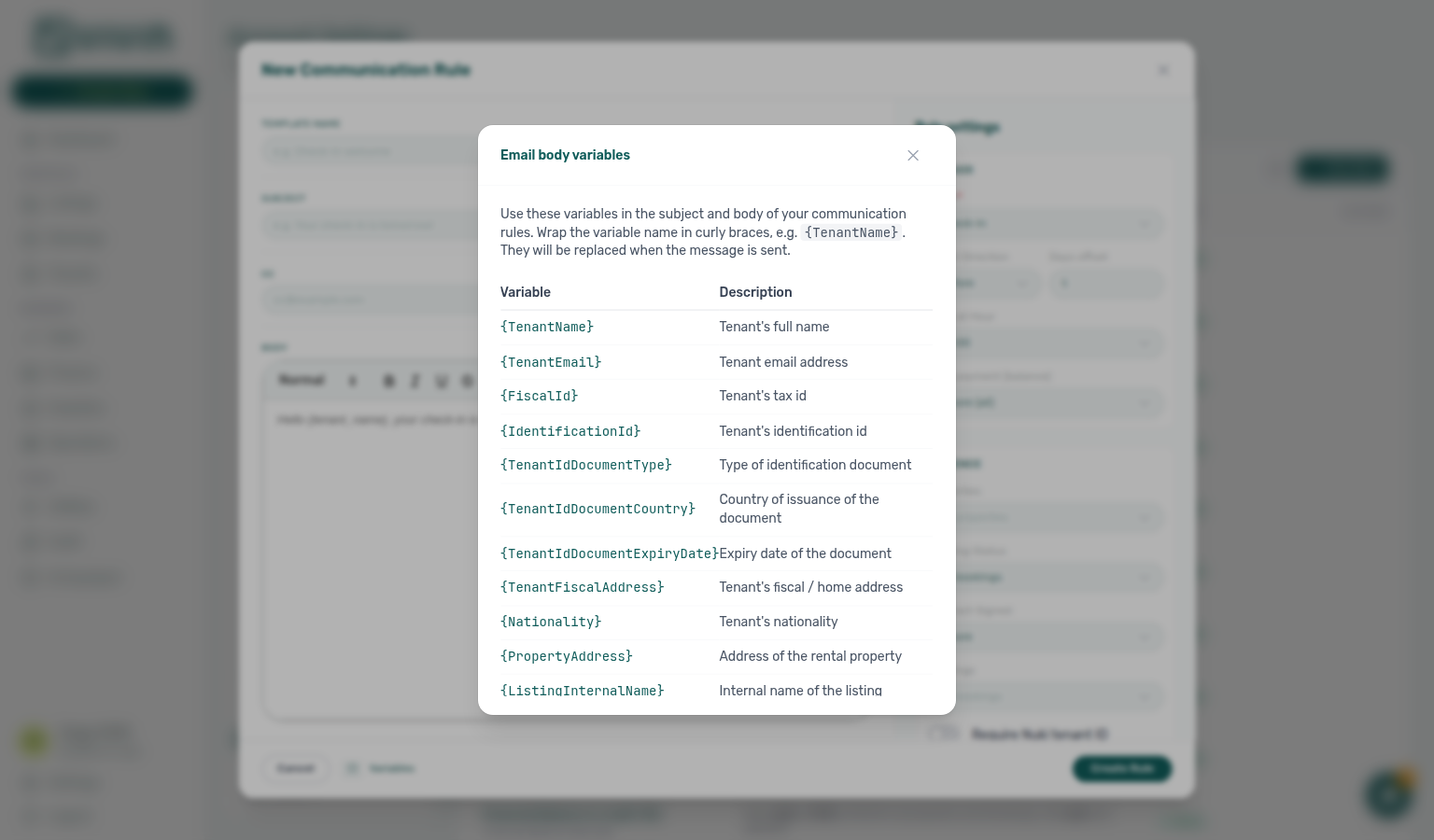 Account Settings — Email body variables modal opened from a communication rule