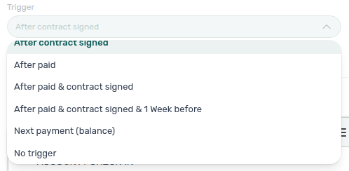 Account Settings — Emails Check-in trigger dropdown including Next payment (balance) and No trigger