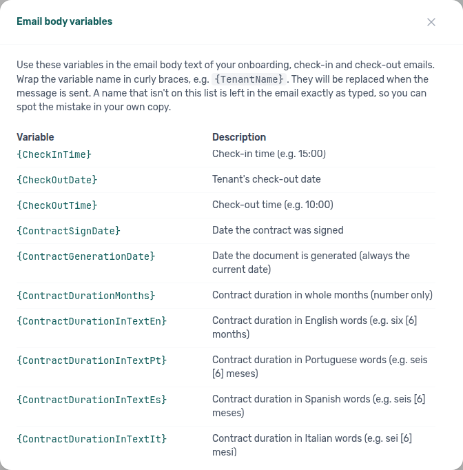 Email body variables modal — ContractSignDate and ContractGenerationDate listed together