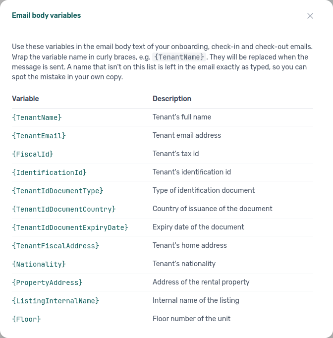 Account Settings — Email body variables modal from Booking lifecycle emails (body-only catalogue; unknown tokens left verbatim)