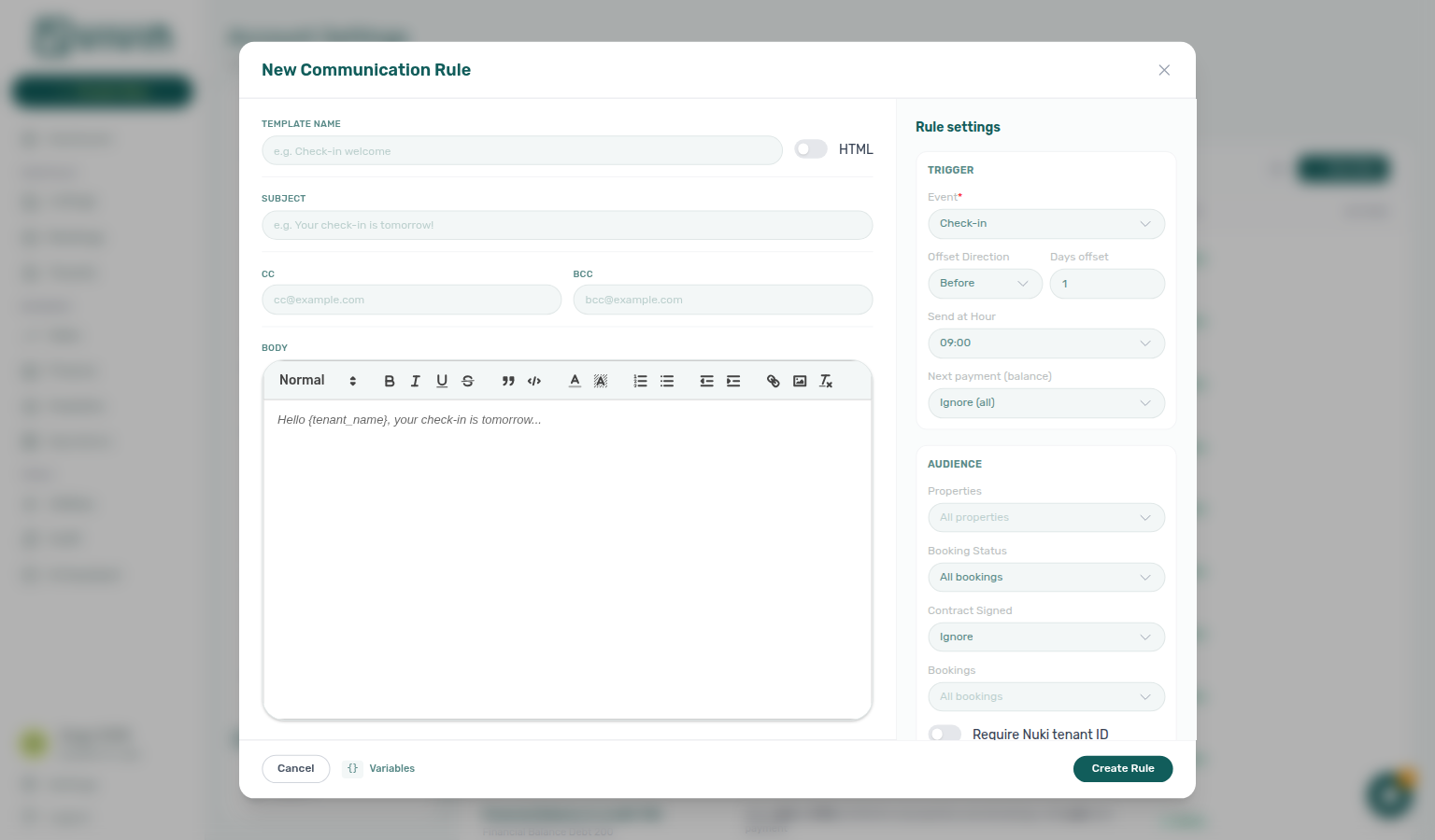 Account Settings — New Communication Rule drawer: template fields, trigger and audience settings, and Variables