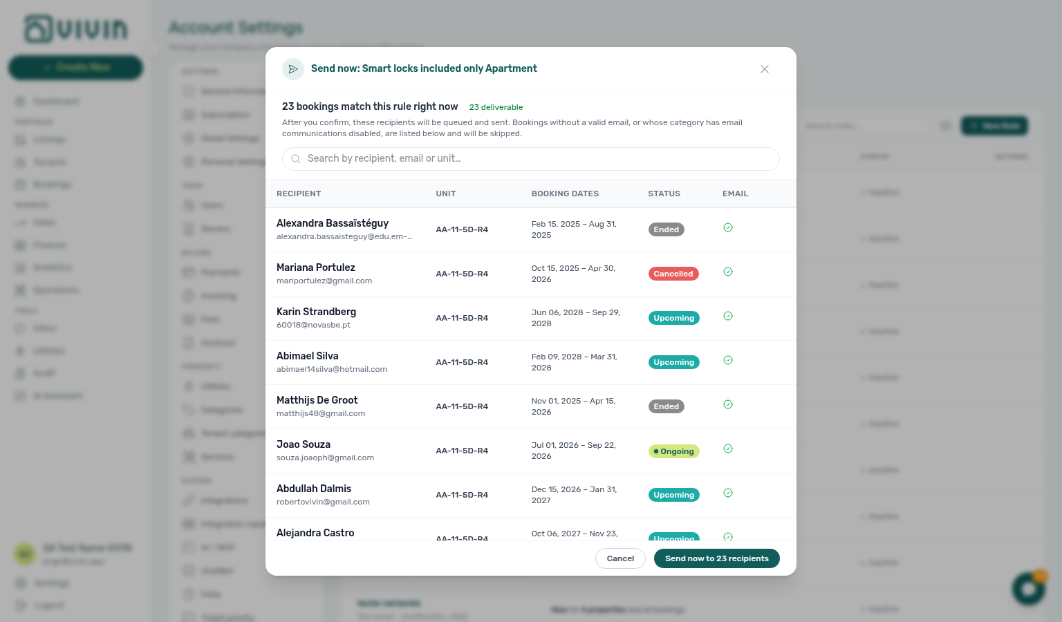 Account Settings — Send now recipient preview with match counts, searchable table, and Send now to N recipients confirm button
