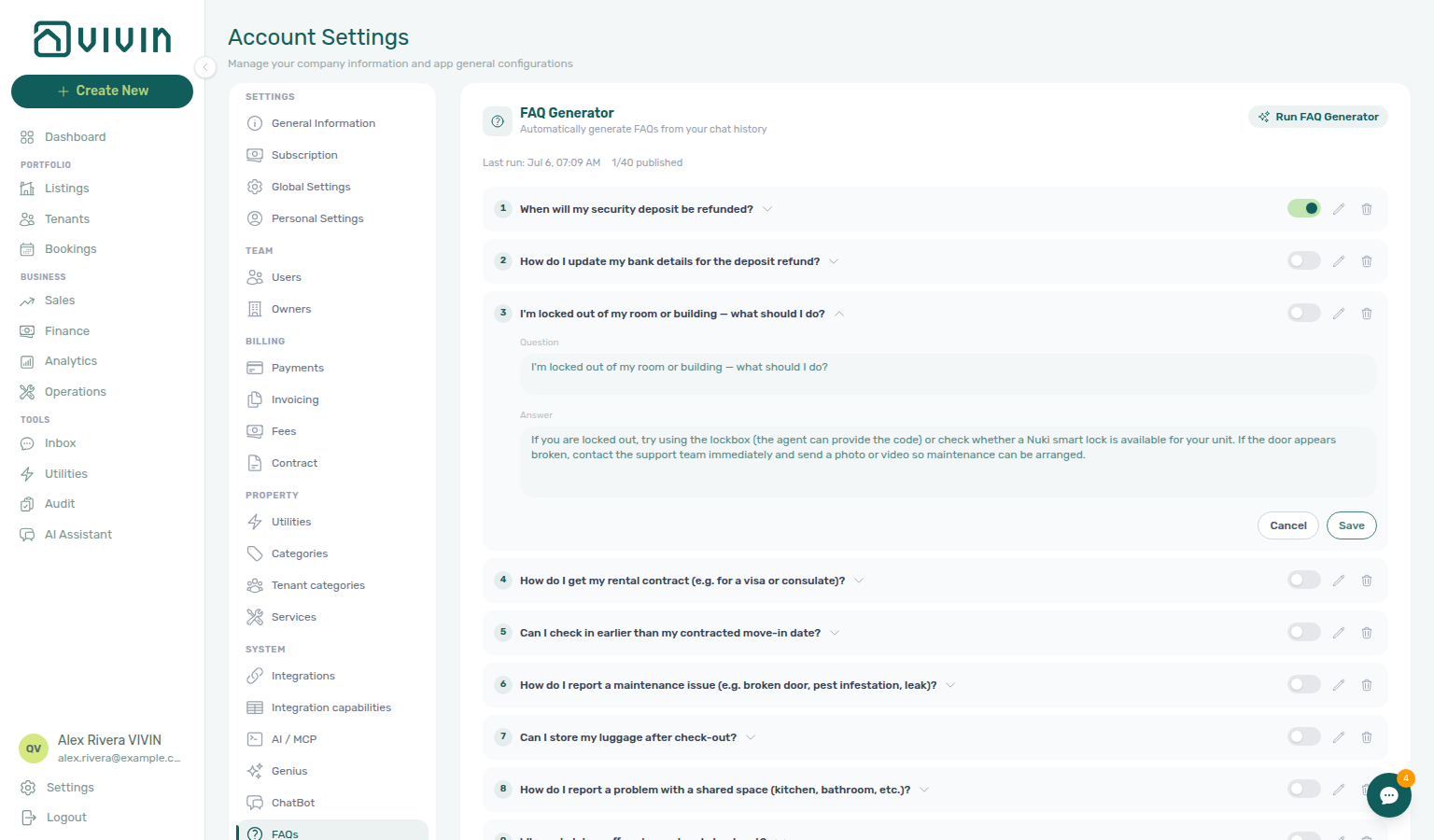 Account Settings — FAQs inline edit with Question / Answer fields and Cancel / Save