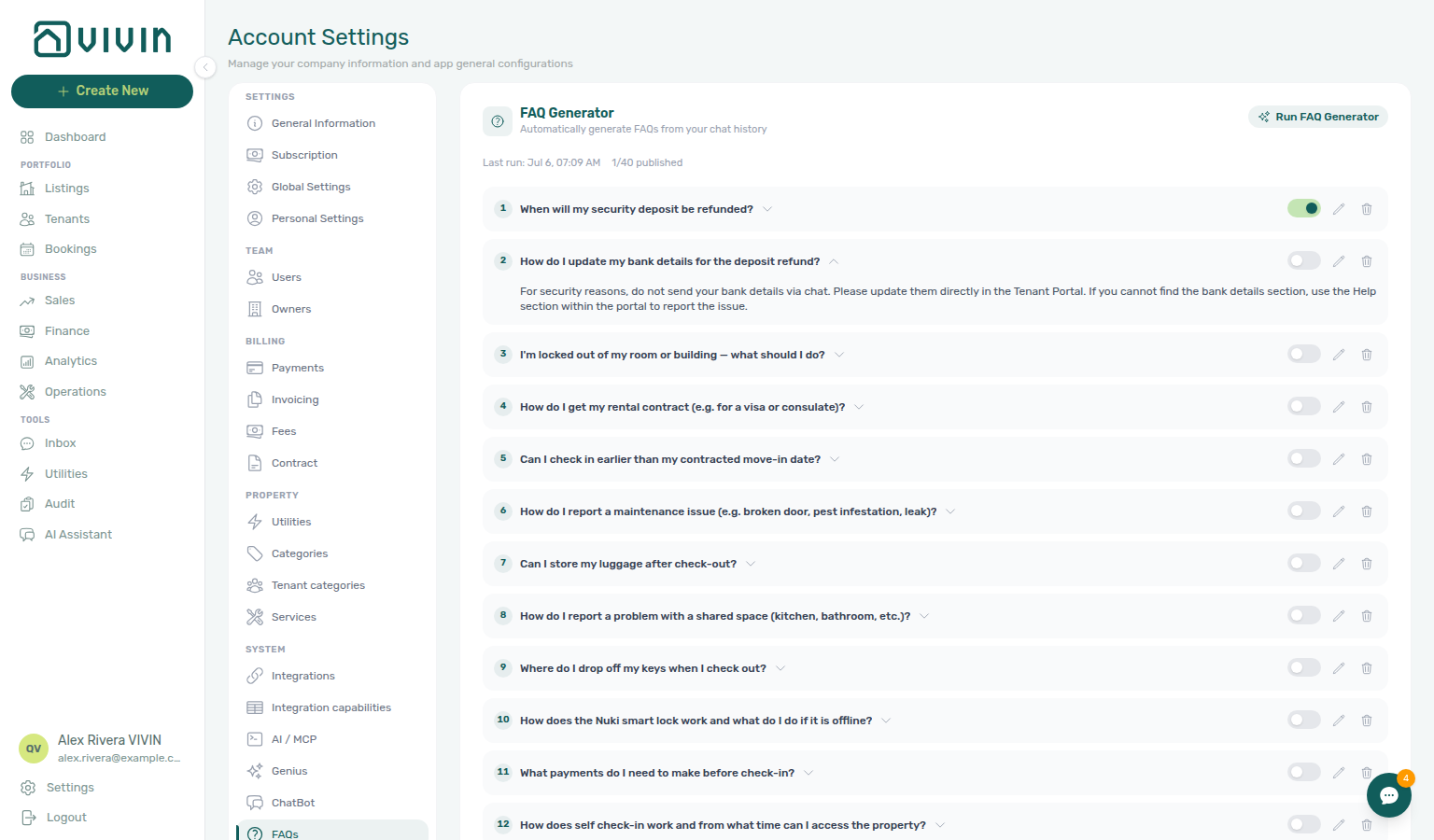 Account Settings — FAQs expanded draft with unpublished toggle and full answer