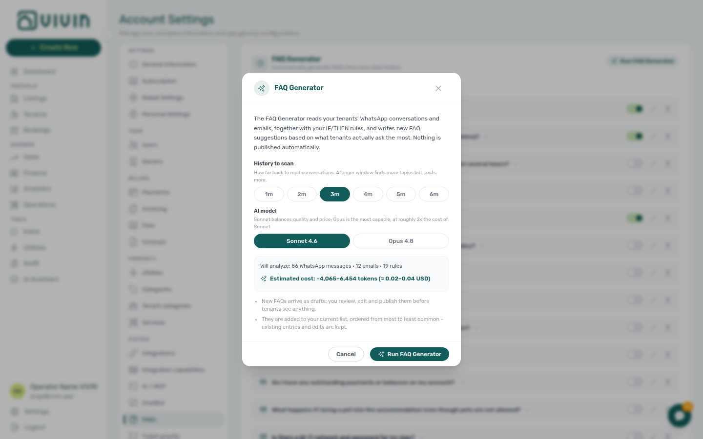 Account Settings — FAQ Generator modal with history window, model choice, and cost estimate