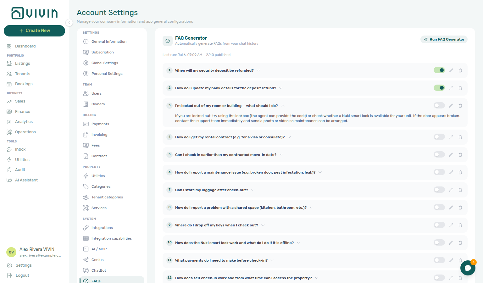 Account Settings — FAQs after publishing a draft (toggle on, published count 2/40)