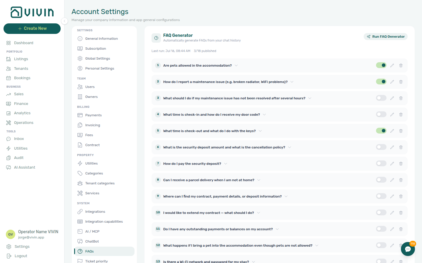 Account Settings — FAQs tab with FAQ Generator header and draft/published FAQ list