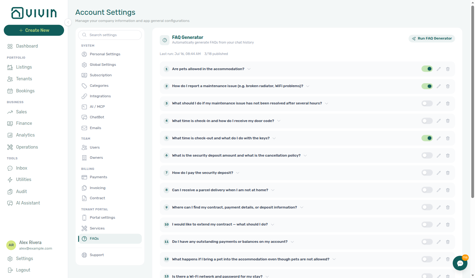 Account Settings — Tenant Portal → FAQs selected beside Portal settings and Services