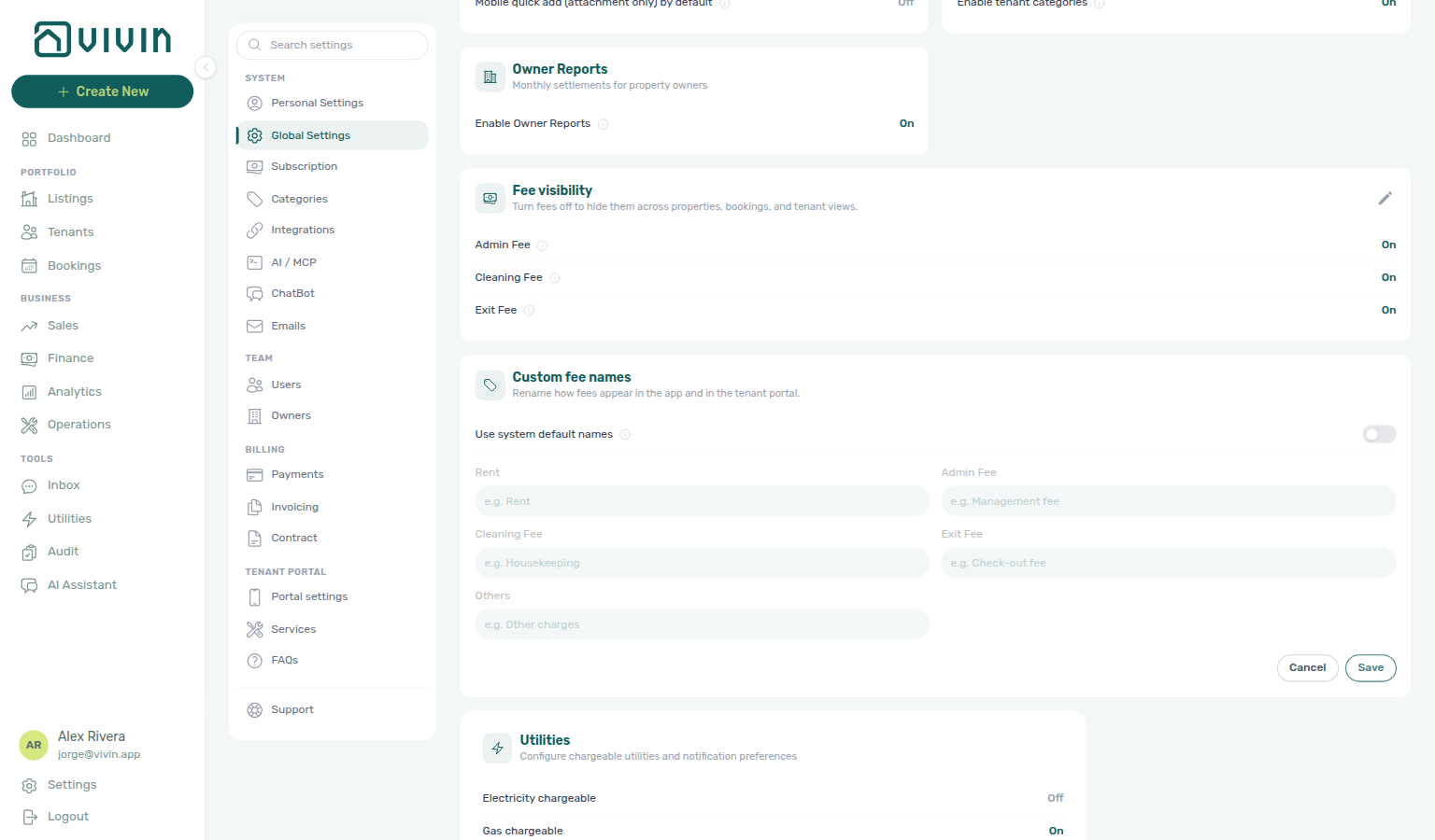 Account Settings — Global Settings, Custom fee names card in edit mode with label fields and Use system default names off
