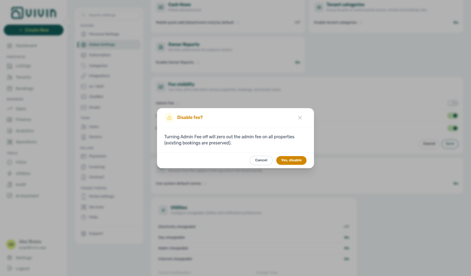 Account Settings — Global Settings, Disable fee? confirmation after turning a fee off and clicking Save