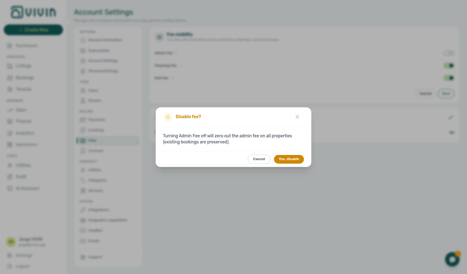 Account Settings — Fees tab, Disable fee? confirmation after turning a fee off and clicking Save