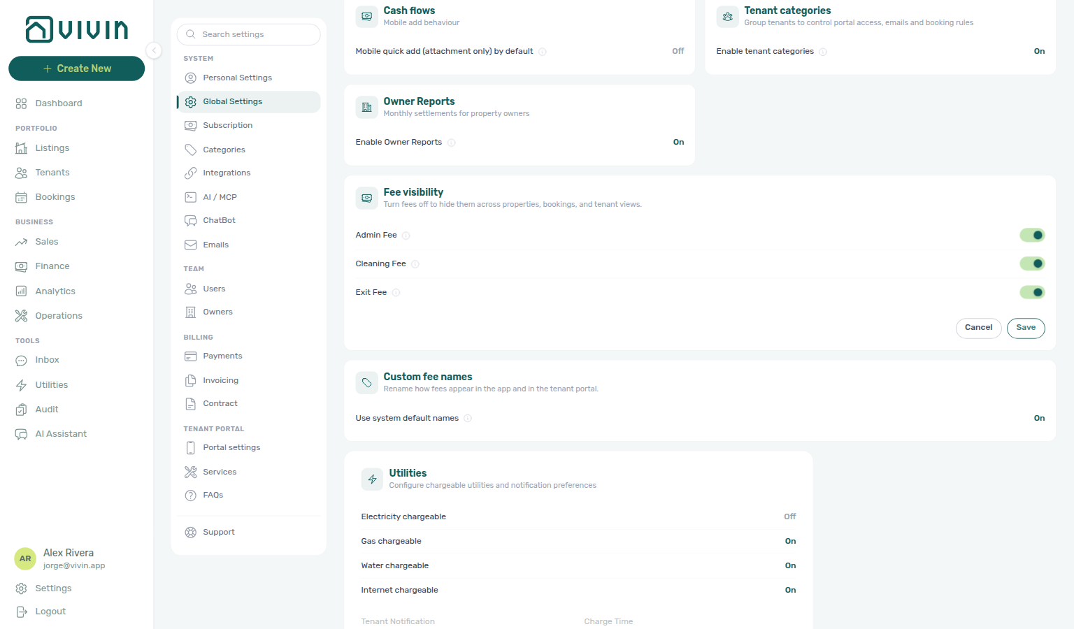 Account Settings — Global Settings, Fee visibility card in edit mode with Cancel and Save