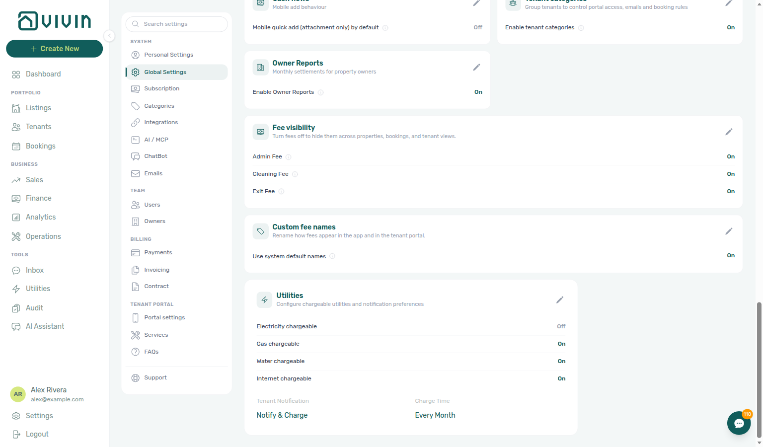 Account Settings — Global Settings with Fee visibility and Custom fee names cards