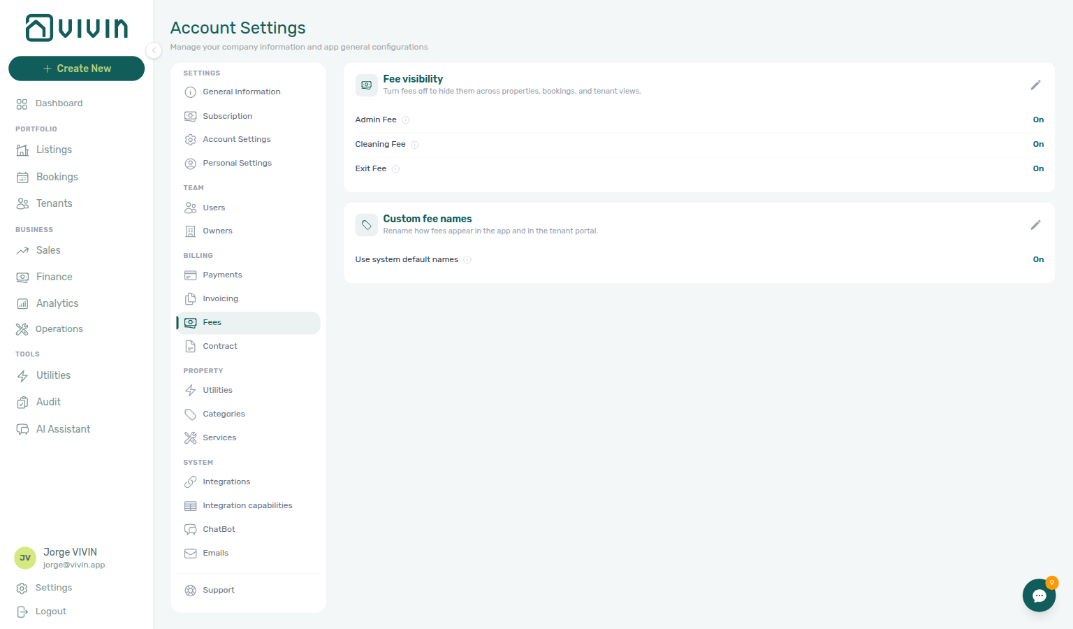 Account Settings — Fees tab with fee visibility and custom fee name cards