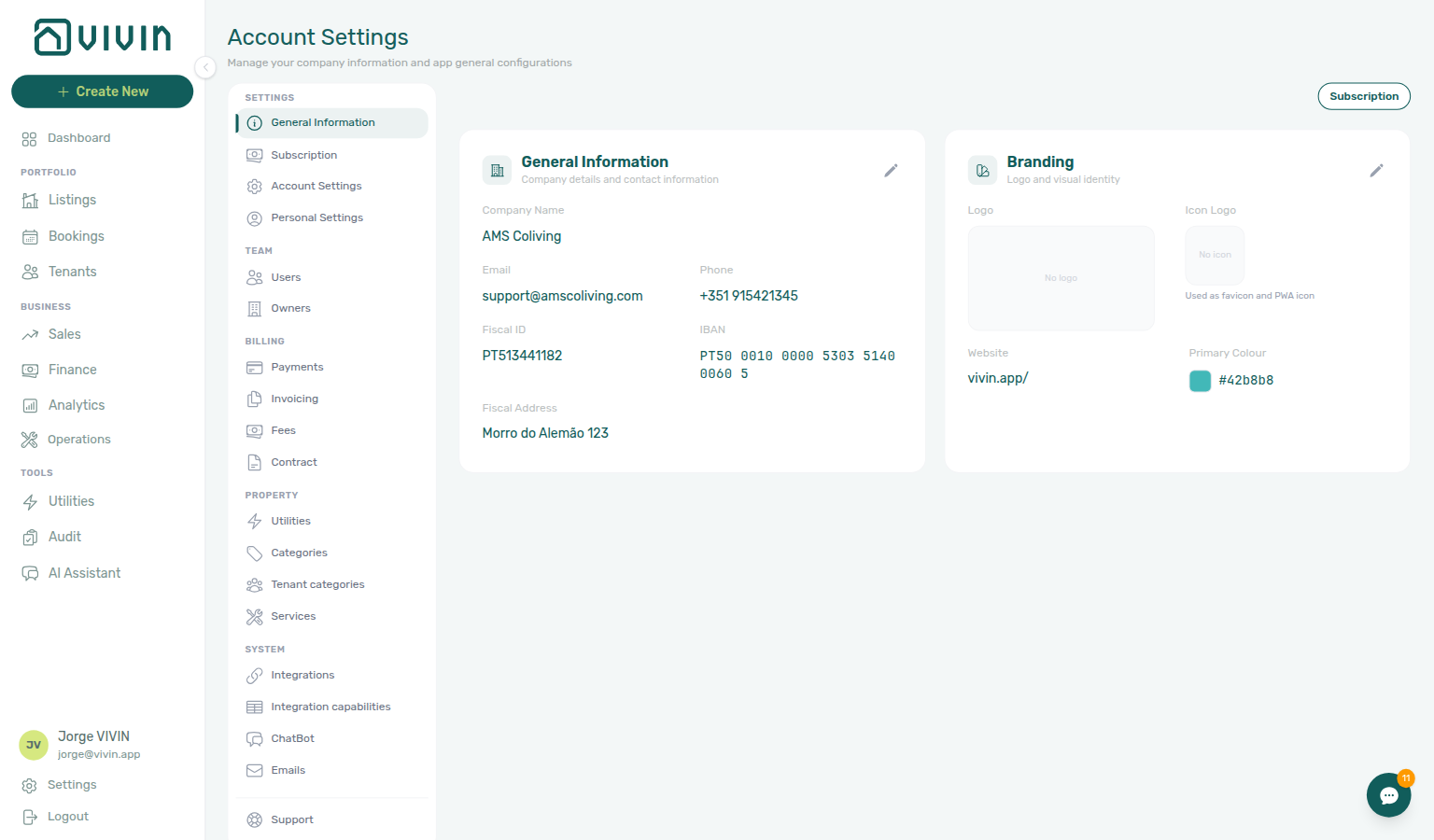 Account Settings — General Information, Branding card in edit mode (logo, brand color, website URL fields)
