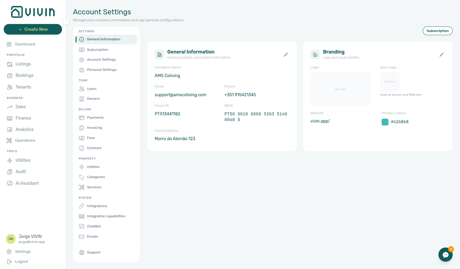 Account Settings — General Information, Branding card (logo, brand color, website URL)